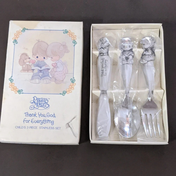 VTG Precious Moments Childs Stainless Fork Spoon Knife Set New Baby Gift Shower - Picture 2 of 5